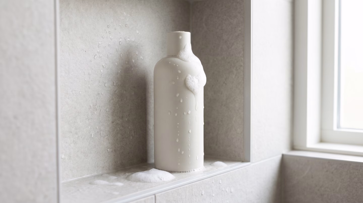 Unbranded shampoo bottle in a clean shower