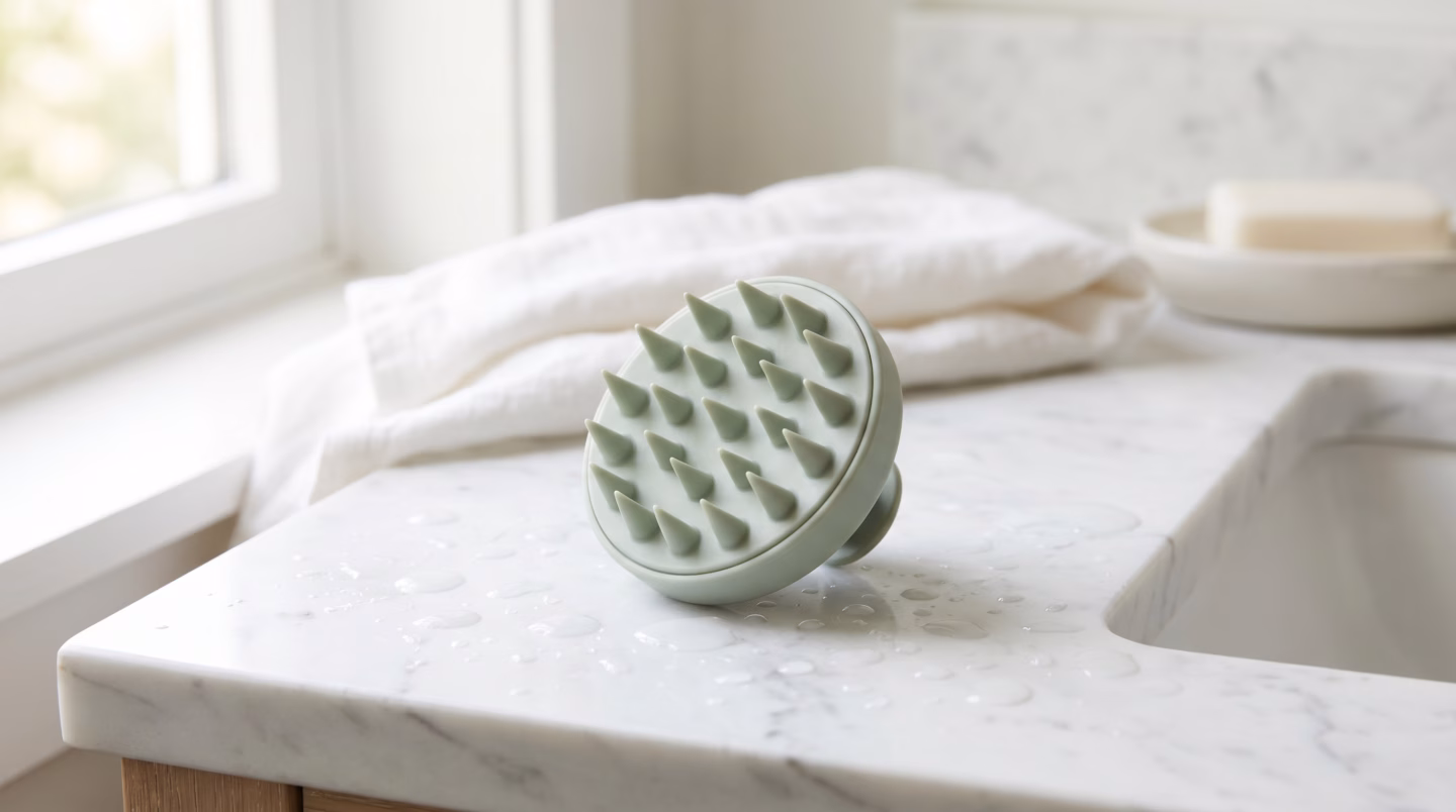 Silicone scalp massager brush on marble counter