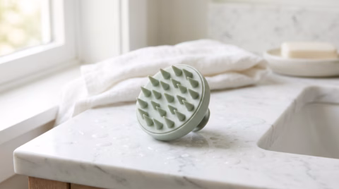 Silicone scalp massager brush on marble counter