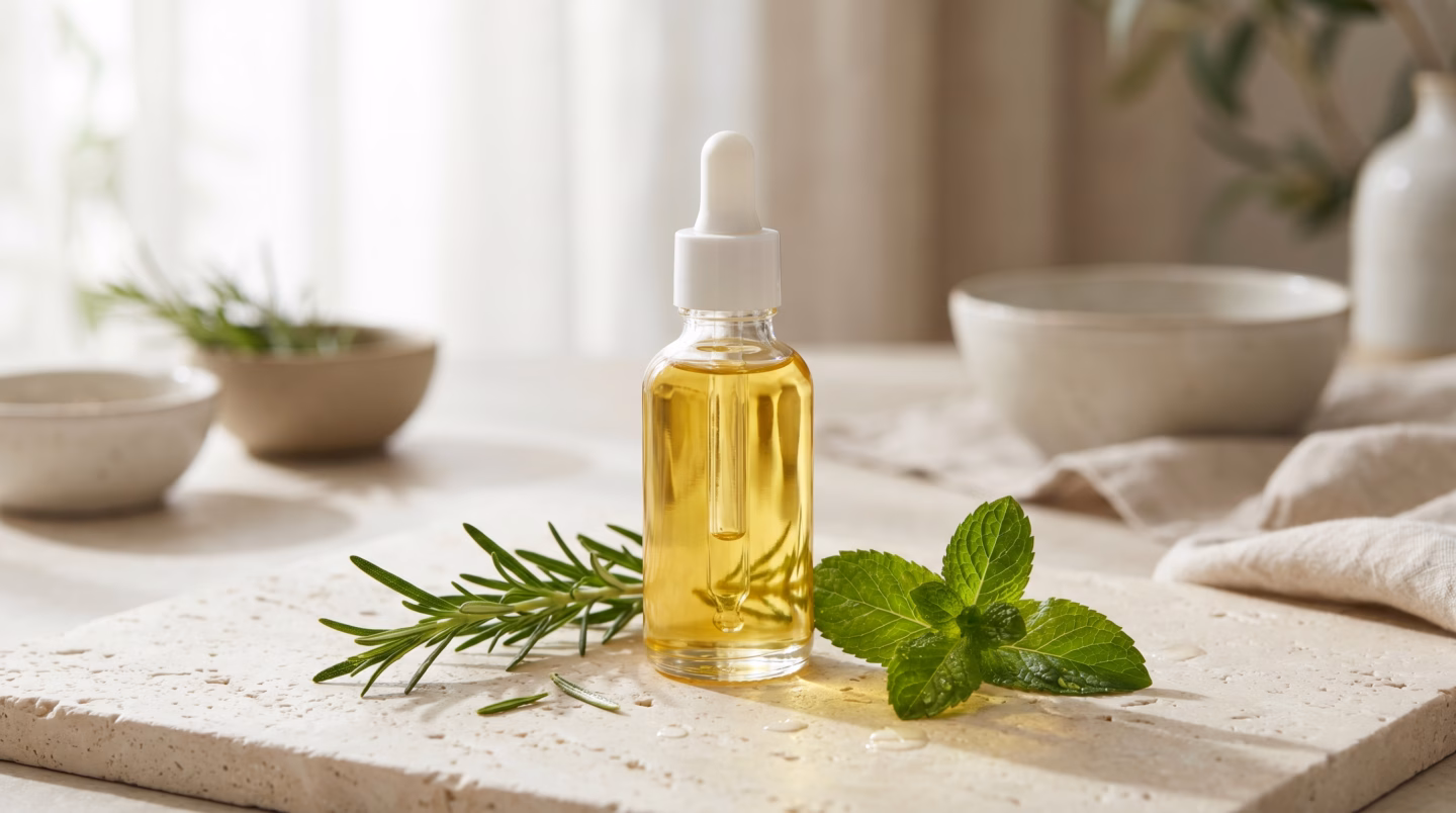 Scalp oil dropper bottle with rosemary and mint