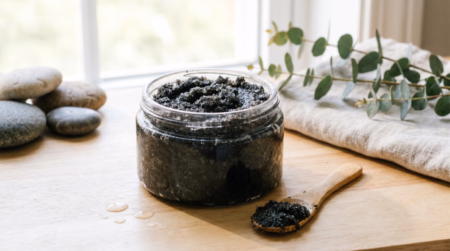 Open jar of scalp scrub with wooden spatula