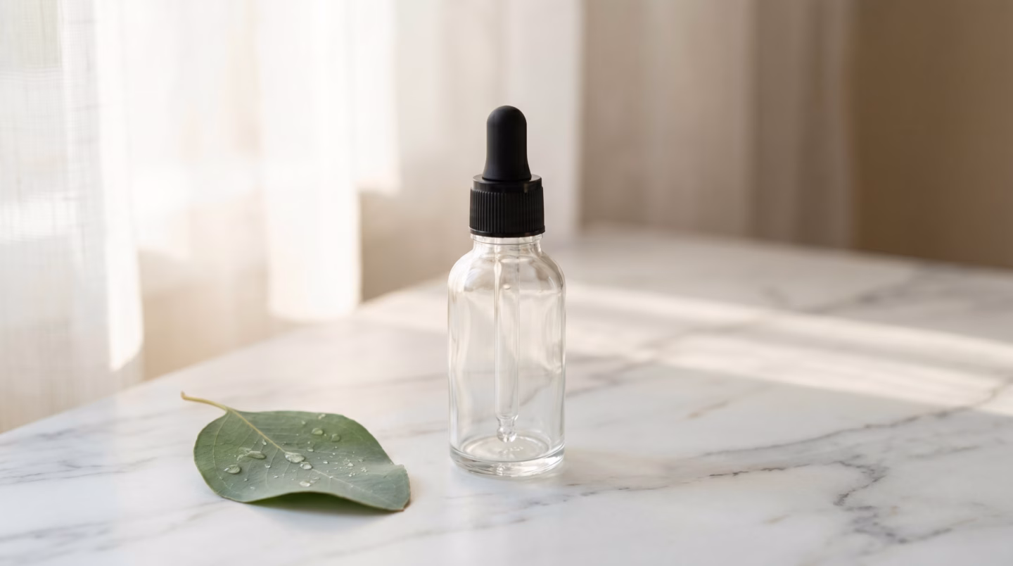Unbranded dropper scalp serum bottle on marble
